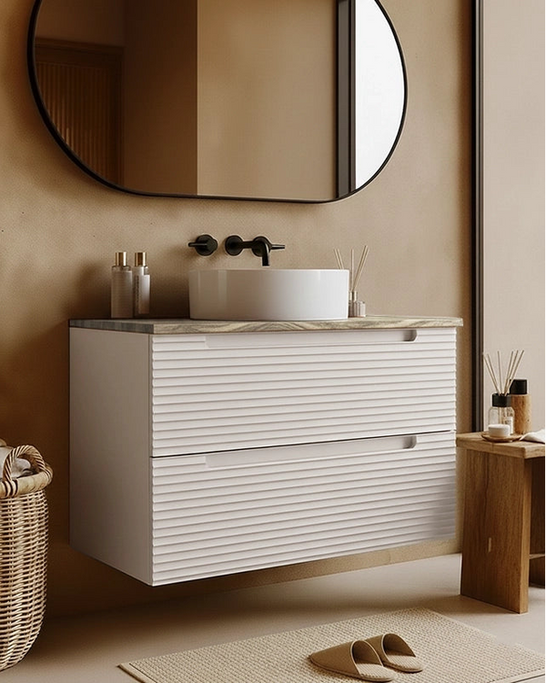 Mobile bagno canapa 100x45 Mango top quercia e lavabo CANAPA MATT ambientato in bagno moderno con specchio e accessori...