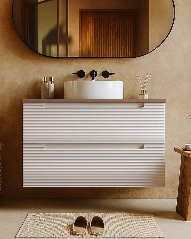 Mobile bagno canapa 80x45 Mango top noce e lavabo tondo da CANAPA MATT in naturale con lavabo e rubinetteria, vista...