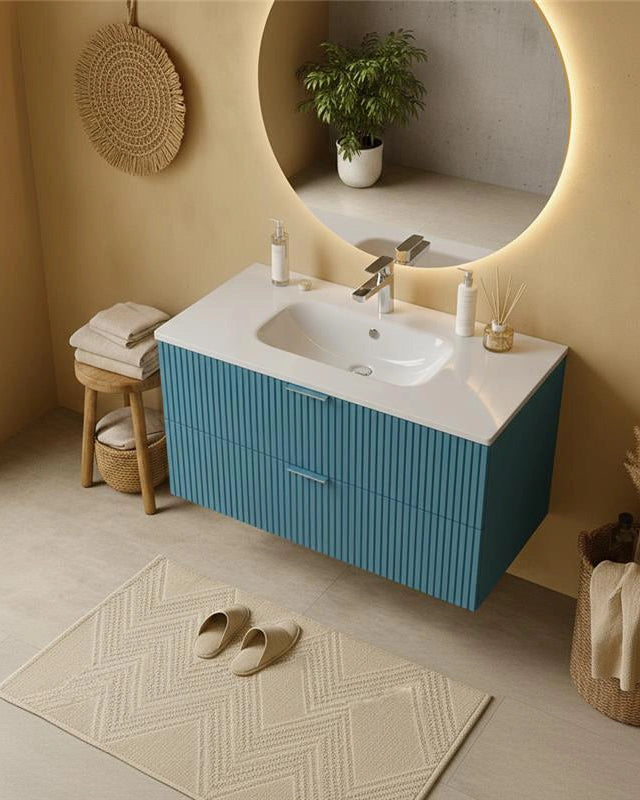 Mobile bagno cannettato 102x47 azzurro opaco lavabo in ambientato in bagno moderno con specchio e accessori - Exagonshop