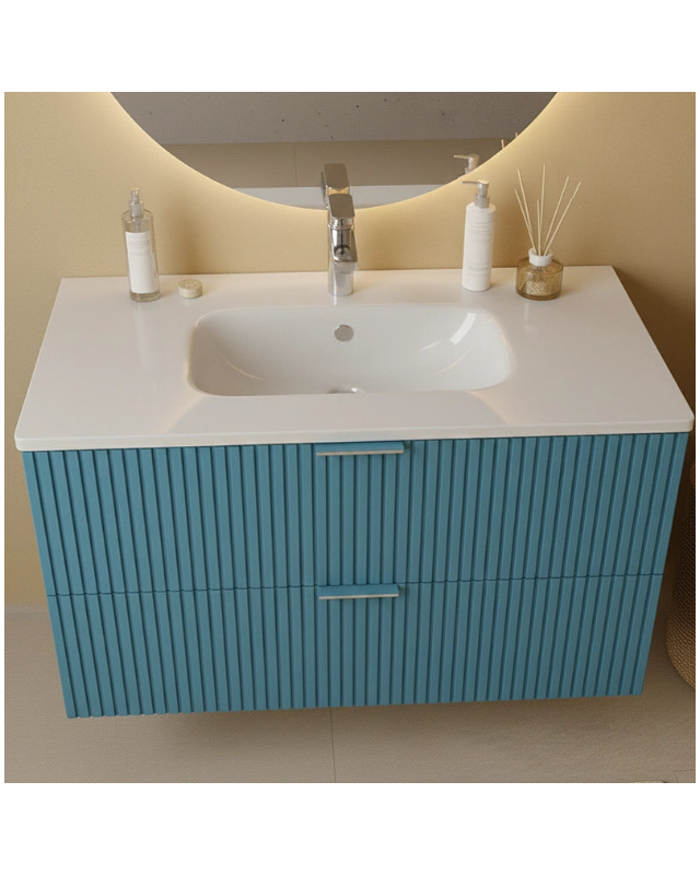 Mobile bagno cannettato 102x47 azzurro opaco lavabo in, vista dall'alto del piano con lavabo - Exagonshop