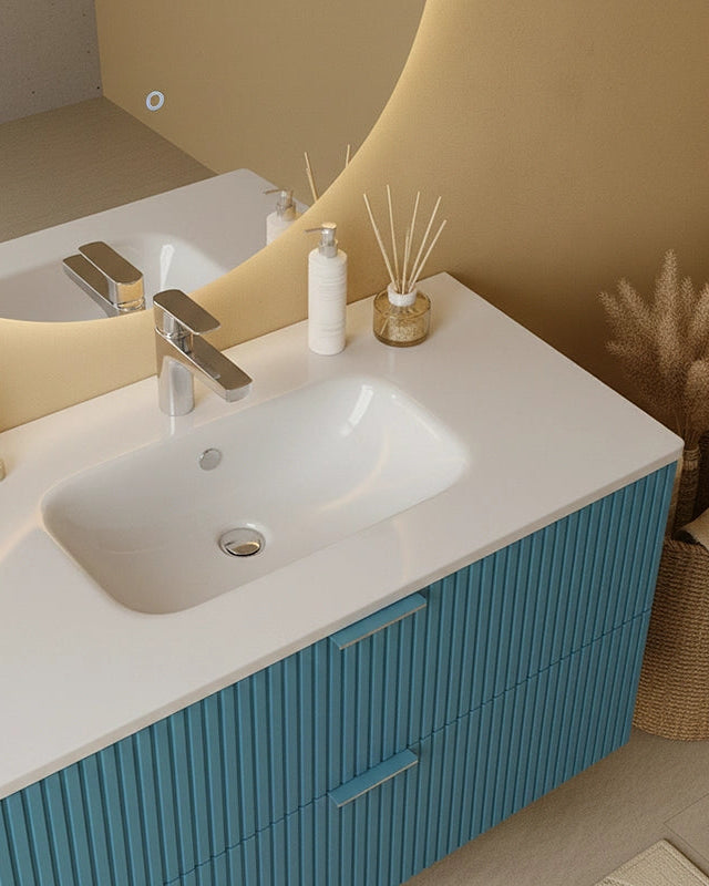 Mobile bagno cannettato 102x47 azzurro opaco lavabo in, dettaglio ravvicinato della finitura e del cassetto - Exagonshop