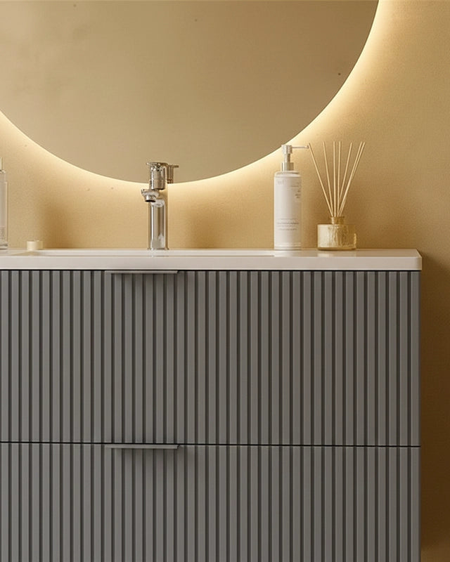 Mobile bagno cannettato 102x47 grigio opaco lavabo in, vista laterale della struttura sospesa - Exagonshop
