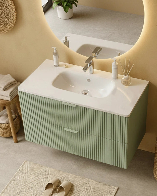 Mobile bagno cannettato 102x47 salvia opaco lavabo in, vista dall'alto del piano con lavabo - Exagonshop