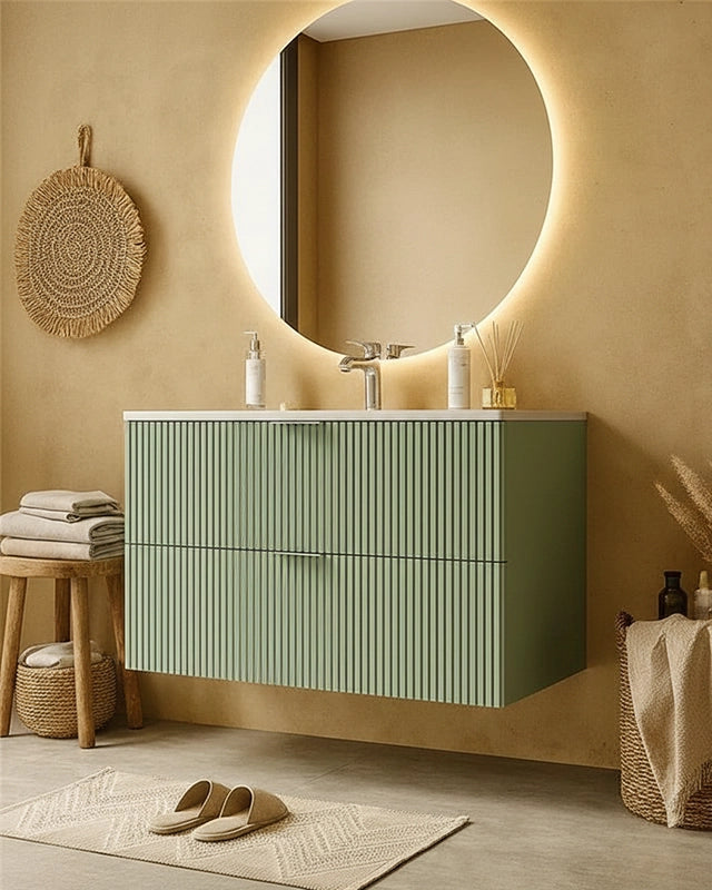 Mobile bagno cannettato 102x47 salvia opaco lavabo in ambientato in bagno moderno con specchio e accessori - Exagonshop
