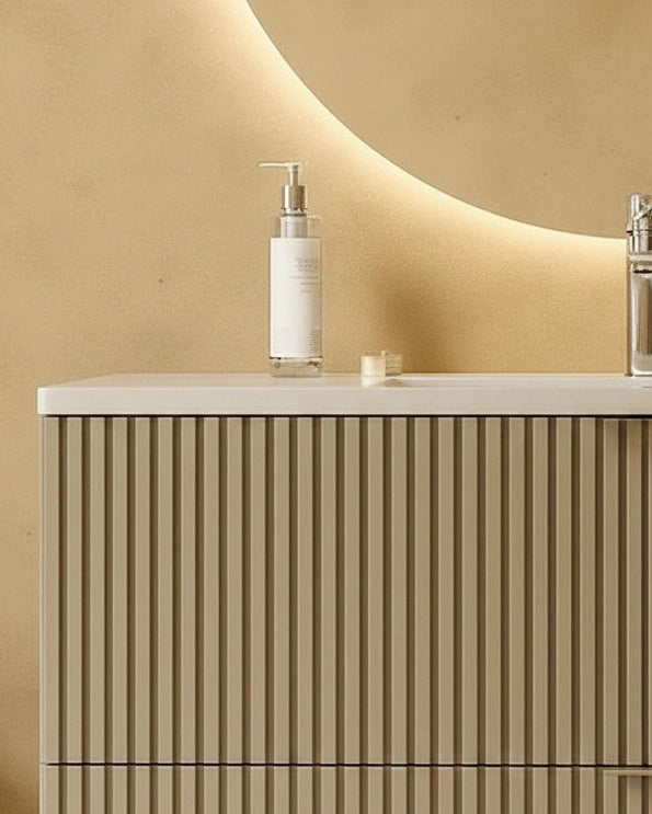 Mobile bagno cannettato 102x47 tortora opaco lavabo in, dettaglio ravvicinato della finitura e del cassetto - Exagonshop