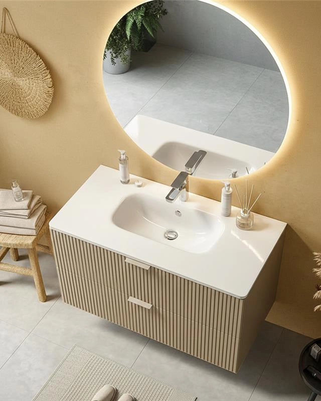Mobile bagno cannettato 102x47 tortora opaco lavabo in, vista dall'alto del piano con lavabo - Exagonshop