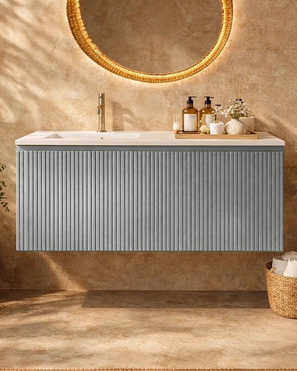 Mobile bagno cannettato 120X46 Pisa grigio chiaro lavabo resina cassetti destro sinistra