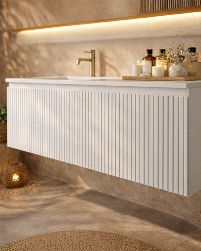 Mobile bagno cannettato 120X46 Pisa bianco lavabo resina, dettaglio ravvicinato della finitura e del cassetto - Exagonshop