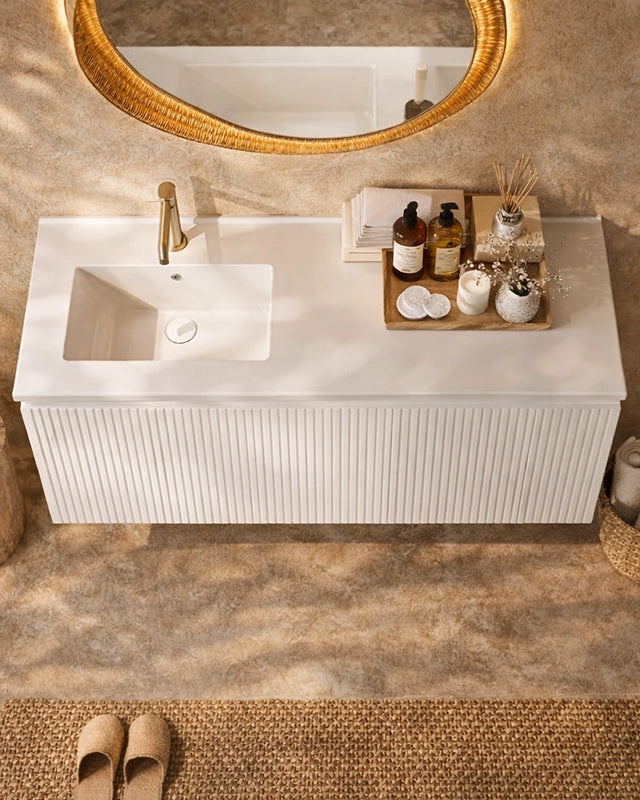 Mobile bagno cannettato 120X46 Pisa bianco lavabo resina, vista dall'alto del piano con lavabo - Exagonshop