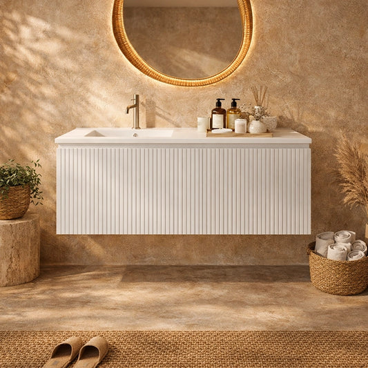 Mobile bagno cannettato 120X46 bianco lavabo resina cassetti destro sinistra Pisa