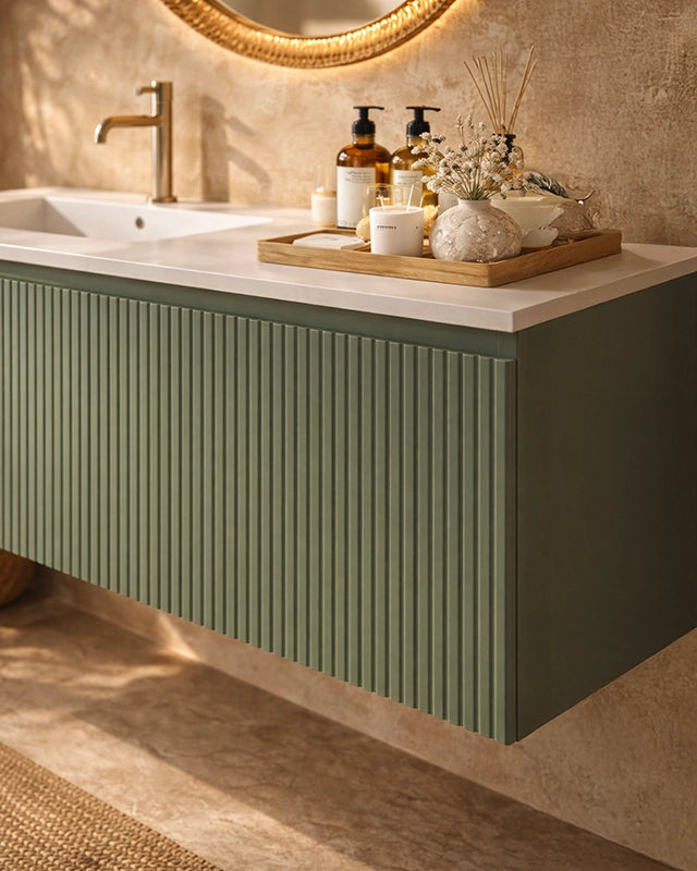 Mobile bagno cannettato 120X46 Pisa verde lavabo resina, dettaglio ravvicinato della finitura e del cassetto - Exagonshop