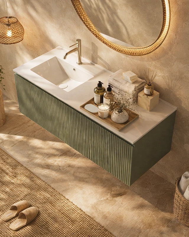 Mobile bagno cannettato 120X46 Pisa verde lavabo resina, vista dall'alto del piano con lavabo - Exagonshop