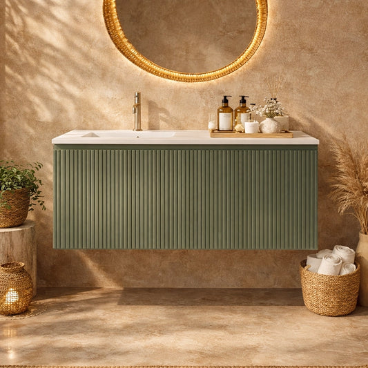 Mobile bagno cannettato 120X46 verde lavabo resina cassetti destro sinistra Pisa