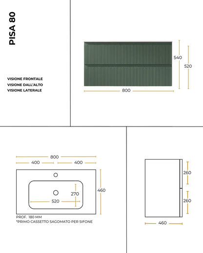 Mobile bagno cannettato 80X46 Pisa verde lavabo resina lucida