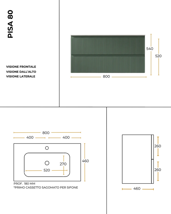 Mobile bagno cannettato 80X46 Pisa verde lavabo resina lucida