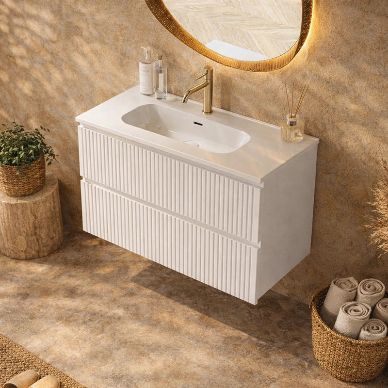 Mobile bagno cannettato 80X46 Pisa bianco opaco lavabo resina lucida