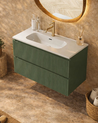 Mobile bagno cannettato 80X46 Pisa verde lavabo resina ambientato in bagno moderno con specchio e accessori - Exagonshop