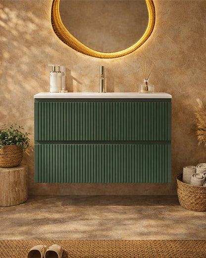 Mobile bagno cannettato 80X46 Pisa verde lavabo resina in mdf con lavabo e rubinetteria, vista frontale su sfondo neutro...