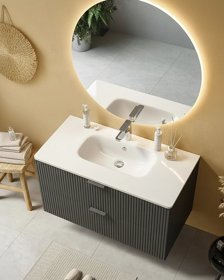 Mobile bagno cannettato 82x47 grigio opaco lavabo in, vista dall'alto del piano con lavabo - Exagonshop