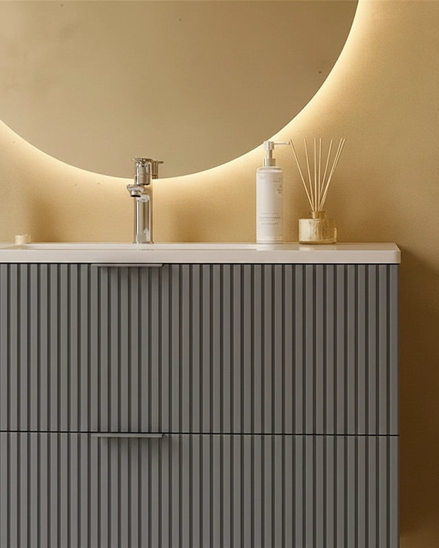 Mobile bagno cannettato 82x47 grigio opaco lavabo in, dettaglio ravvicinato della finitura e del cassetto - Exagonshop