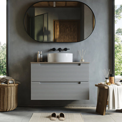 Mobile bagno clear grey 100x45 Mango due cassetti soft close con top quercia e lavabo tondo da appoggio in ceramica lucida