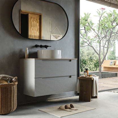 Mobile bagno clear grey 100x45 Mango due cassetti soft close con top quercia e lavabo tondo da appoggio in ceramica lucida