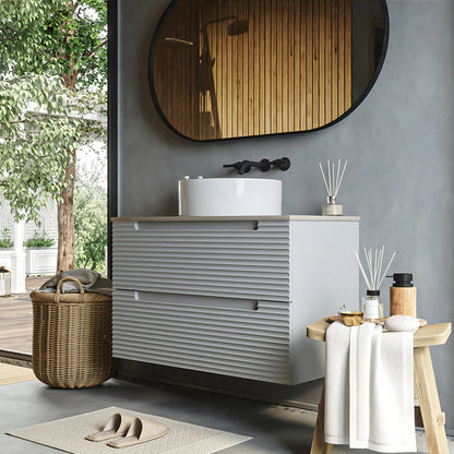 Mobile bagno clear grey 100x45 Mango due cassetti soft close con top quercia e lavabo tondo da appoggio in ceramica lucida