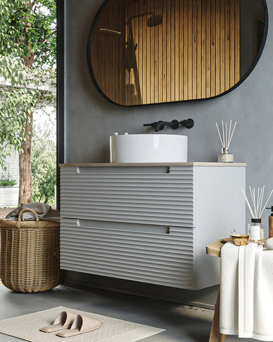 Mobile bagno clear grey 100x45 Mango top quercia e lavabo, vista laterale della struttura sospesa - Exagonshop