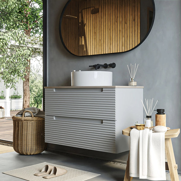 Mobile bagno clear grey 100x45 Mango due cassetti soft close con top quercia e lavabo tondo da appoggio in ceramica lucida