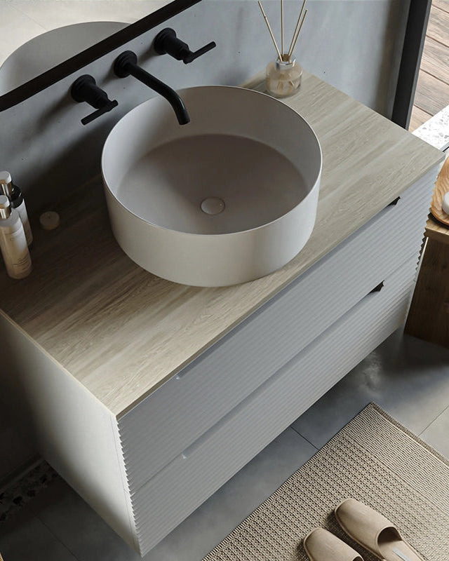 Mobile bagno clear grey 100x45 Mango top quercia e lavabo, vista dall'alto del piano con lavabo - Exagonshop