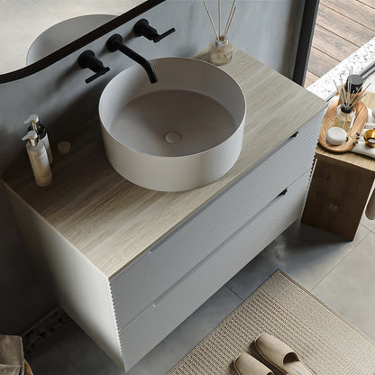 Mobile bagno clear grey 100x45 Mango due cassetti soft close con top quercia e lavabo tondo da appoggio in ceramica lucida