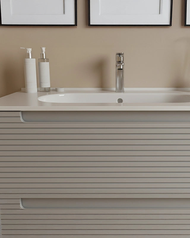Mobile bagno clear grey 100x45 Mango lavabo in ceramica, dettaglio ravvicinato della finitura e del cassetto - Exagonshop