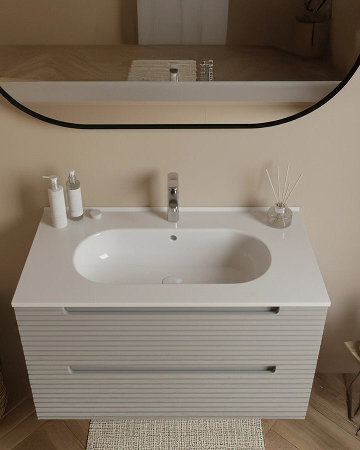Mobile bagno clear grey 100x45 Mango lavabo in ceramica, vista dall'alto del piano con lavabo - Exagonshop