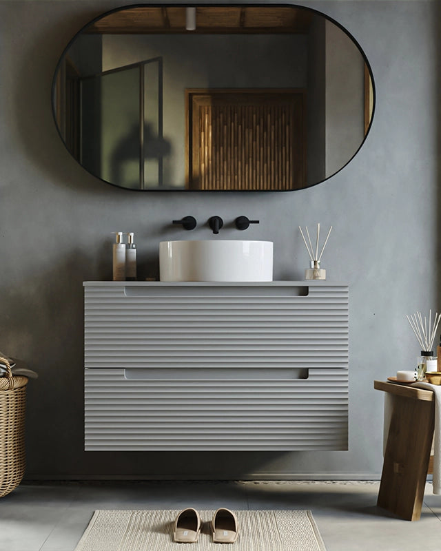 Mobile bagno clear grey 80x45 Mango lavabo tondo da ambientato in bagno moderno con specchio e accessori - Exagonshop