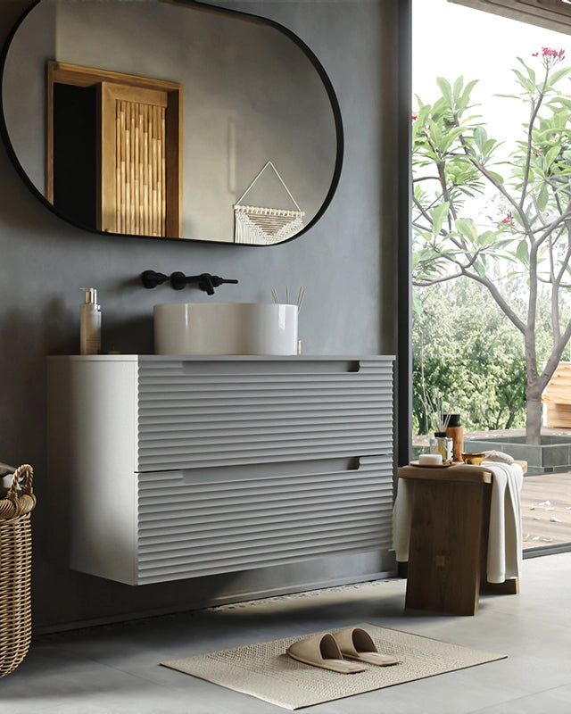 Mobile bagno clear grey 80x45 Mango lavabo tondo da, dettaglio ravvicinato della finitura e del cassetto - Exagonshop