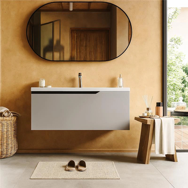 Mobile bagno clear grey 100x45 Modena lavabo in ceramica con lavabo e rubinetteria, vista frontale su sfondo neutro...