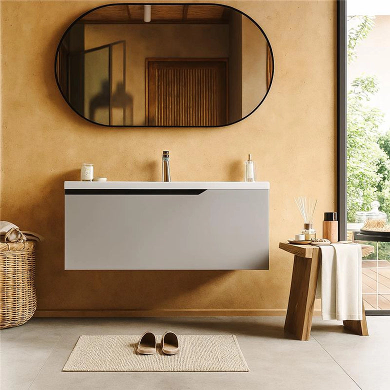 Mobile bagno clear grey 100x45 Modena lavabo in ceramica con lavabo e rubinetteria, vista frontale su sfondo neutro...