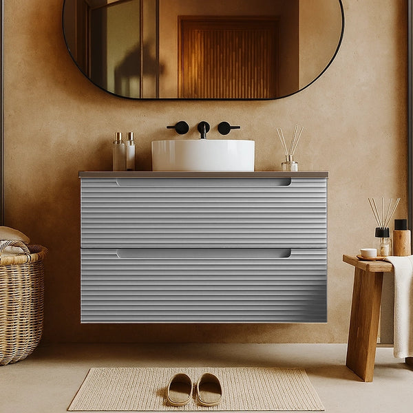 Mobile bagno clear grey 80x45 Mango due cassetti soft close con top noce e lavabo tondo da appoggio in ceramica lucida