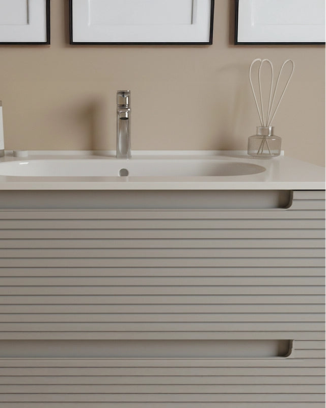 Mobile bagno clear grey 80x45 Mango con lavabo in ceramica, vista laterale della struttura sospesa - Exagonshop