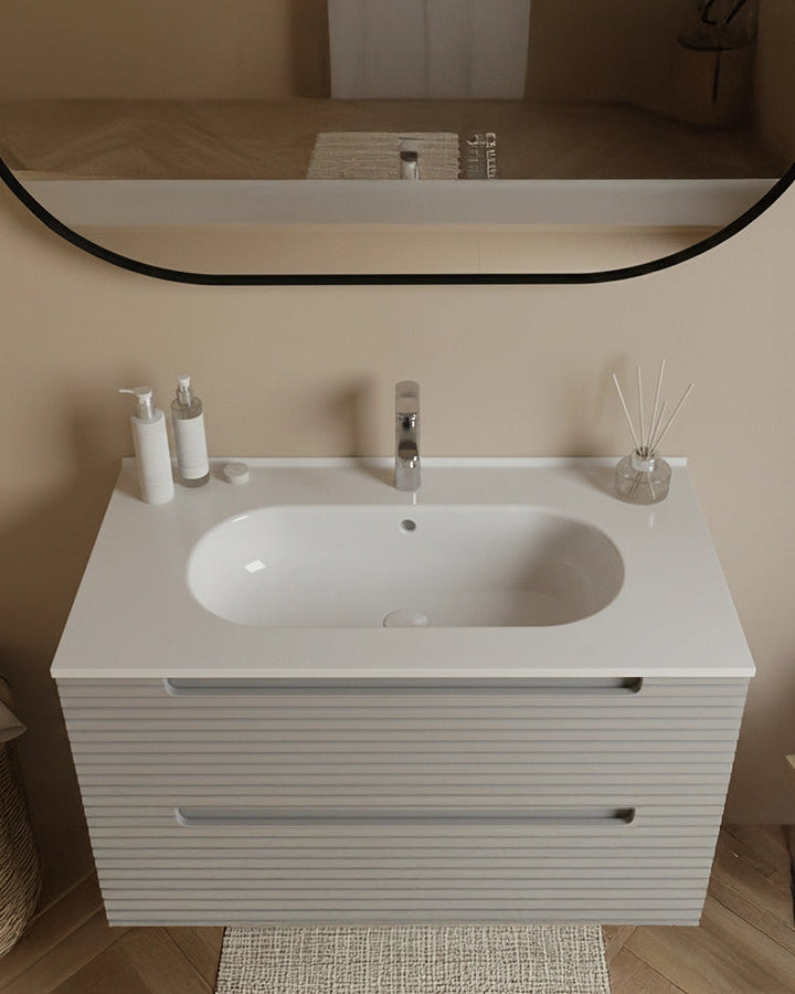 Mobile bagno clear grey 80x45 Mango con lavabo in ceramica, vista dall'alto del piano con lavabo - Exagonshop
