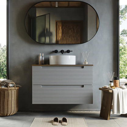 Mobile bagno clear grey 80x45 Mango due cassetti soft close con top noce e lavabo tondo da appoggio in ceramica lucida