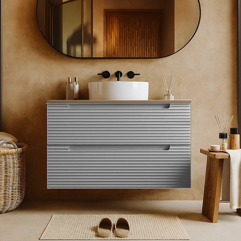 Mobile bagno clear grey 100x45 Mango due cassetti soft close con top quercia e lavabo tondo da appoggio in ceramica lucida