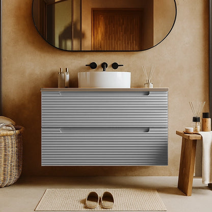 Mobile bagno clear grey 100x45 Mango due cassetti soft close con top quercia e lavabo tondo da appoggio in ceramica lucida