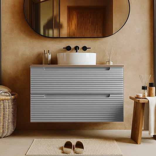 Mobile bagno clear grey 100x45 Mango due cassetti soft close con top quercia e lavabo tondo da appoggio in ceramica lucida