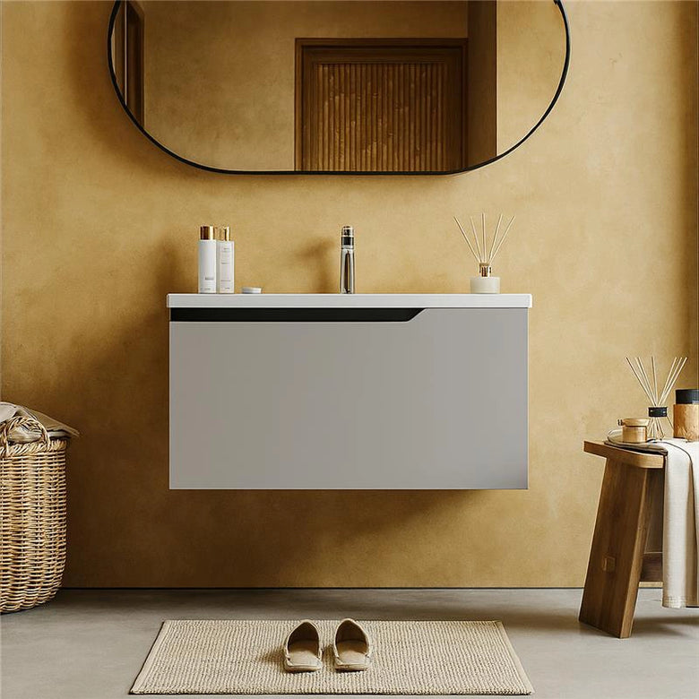 Mobile bagno clear grey 80x45 Modena lavabo in ceramica Grigio in opaco con lavabo e rubinetteria, vista frontale su...