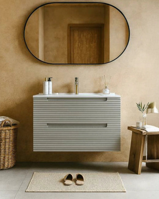 Mobile bagno clear grey 100x45 Mango lavabo in ceramica in naturale con lavabo e rubinetteria, vista frontale su sfondo...