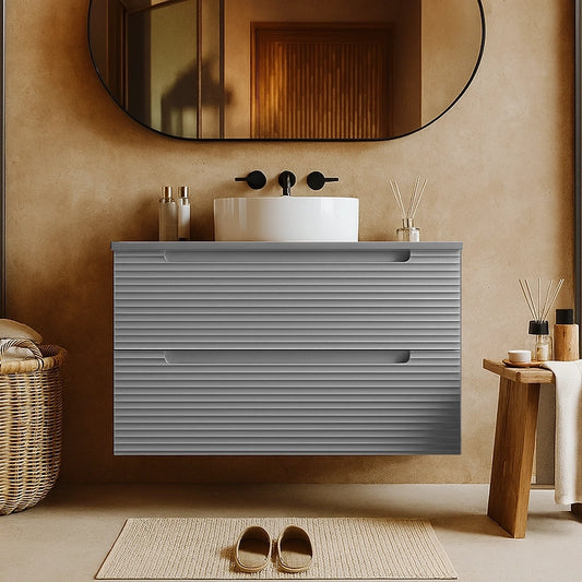 Mobile bagno clear grey 80x45 Mango due cassetti soft close con lavabo tondo da appoggio in ceramica lucida
