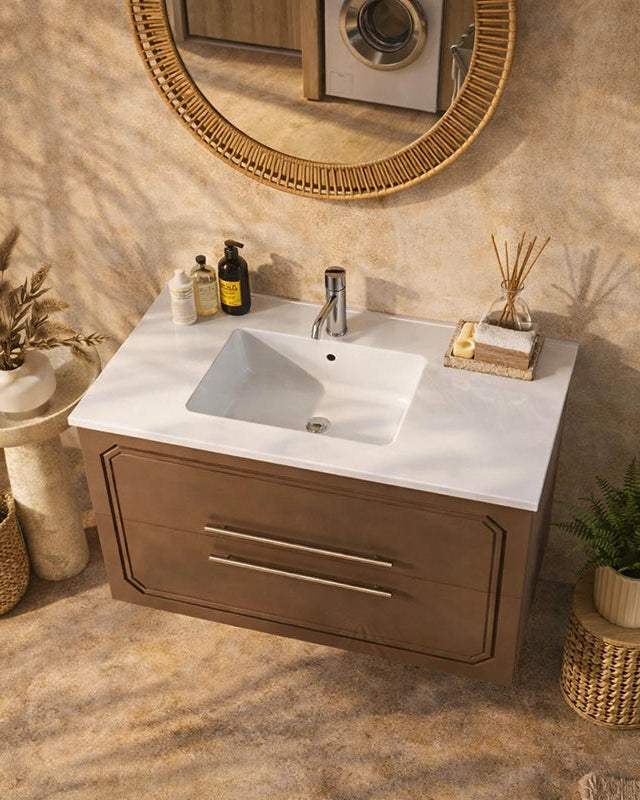 Mobile bagno creta opaco 100x46 Vienna con lavabo lucido, vista dall'alto del piano con lavabo - Exagonshop