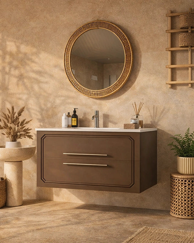 Mobile bagno creta opaco 100x46 Vienna con lavabo lucido, dettaglio ravvicinato della finitura e del cassetto - Exagonshop
