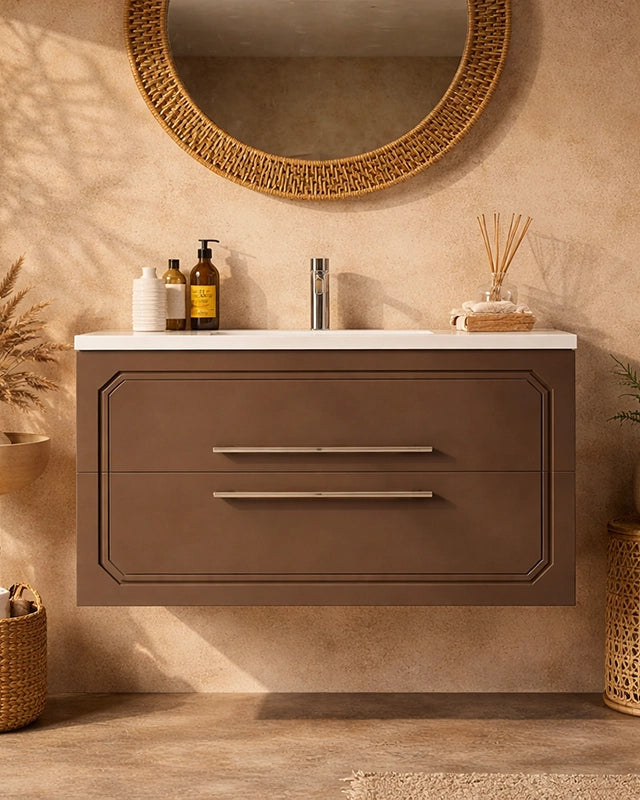 Mobile bagno creta opaco 100x46 Vienna con lavabo lucido con lavabo e rubinetteria, vista frontale su sfondo neutro...